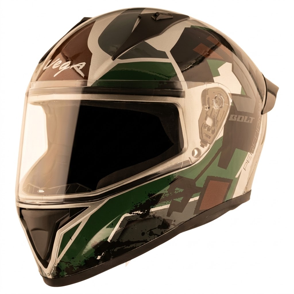 Vega Bolt Army full-face motorcycle helmet with featuring a rugged camouflage pattern.